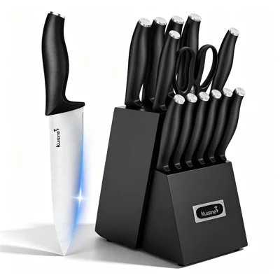 Kuisine Black 15-Piece Knife Block Set,PP Handle Chef Knife Set,High Carbon Steel Blade,Built-In Sharpener Knife Holder,Kitchen Knives & Scissors | Wayfair North America