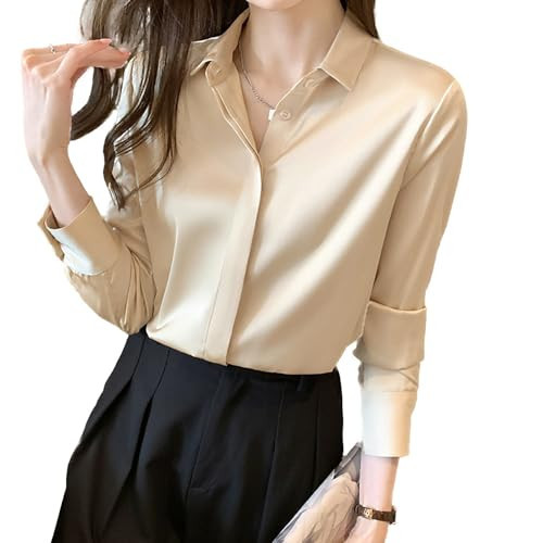 Women's Satin Blouse Fashion Long Sleeve Button-Down Shirts, Champagne XXL | Amazon (US)