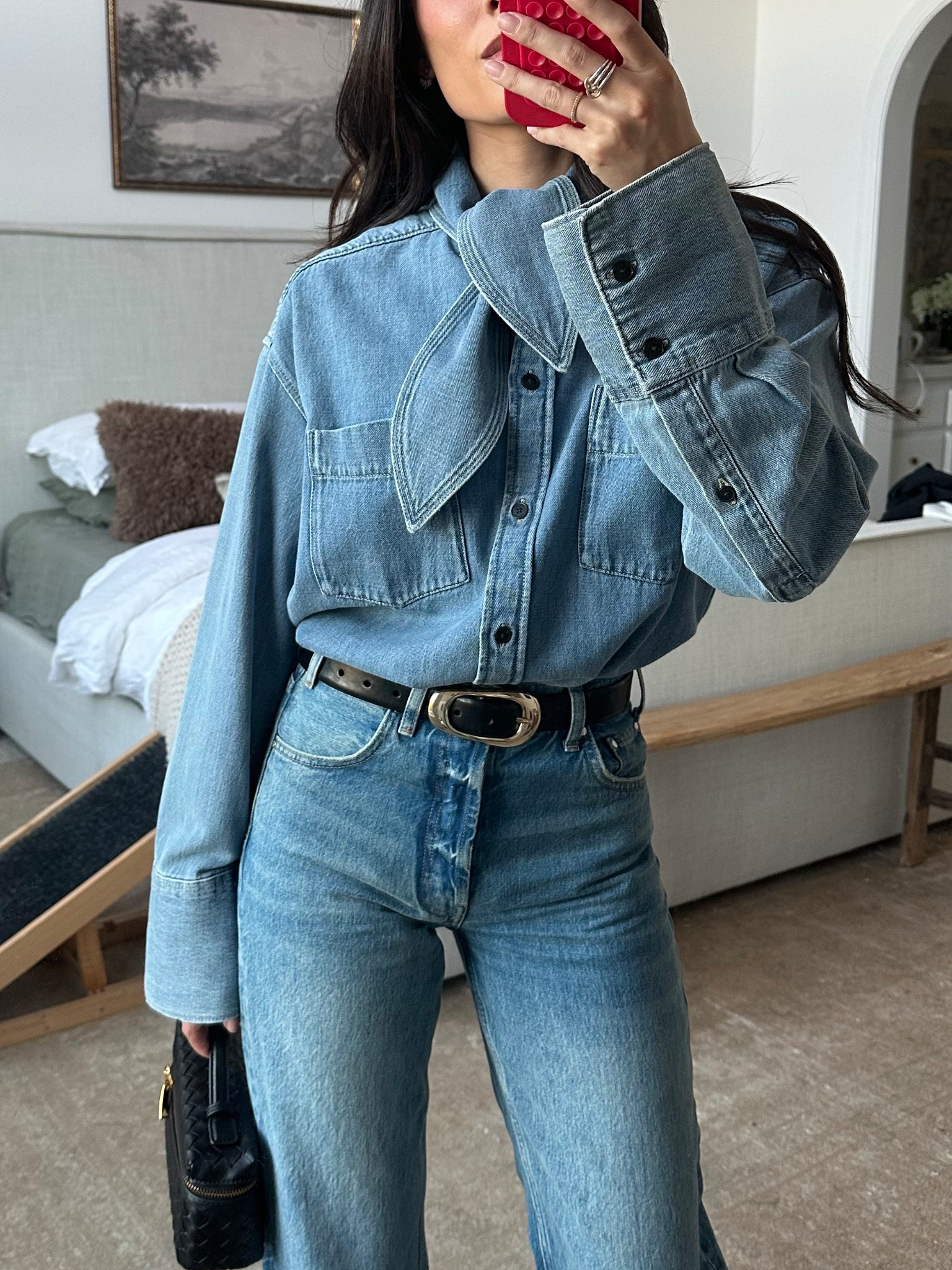 Wearing 23 in the jeans (size down!) and XS in the shirt. The denim on this shirt is soo soft.

#LTKWorkwear #LTKItBag #LTKStyleTip