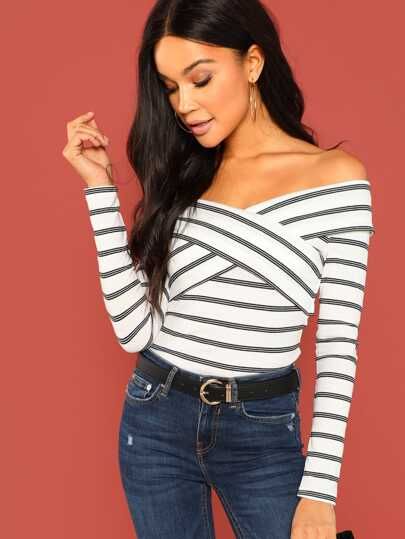 Criss Cross Detail Striped Tee | SHEIN