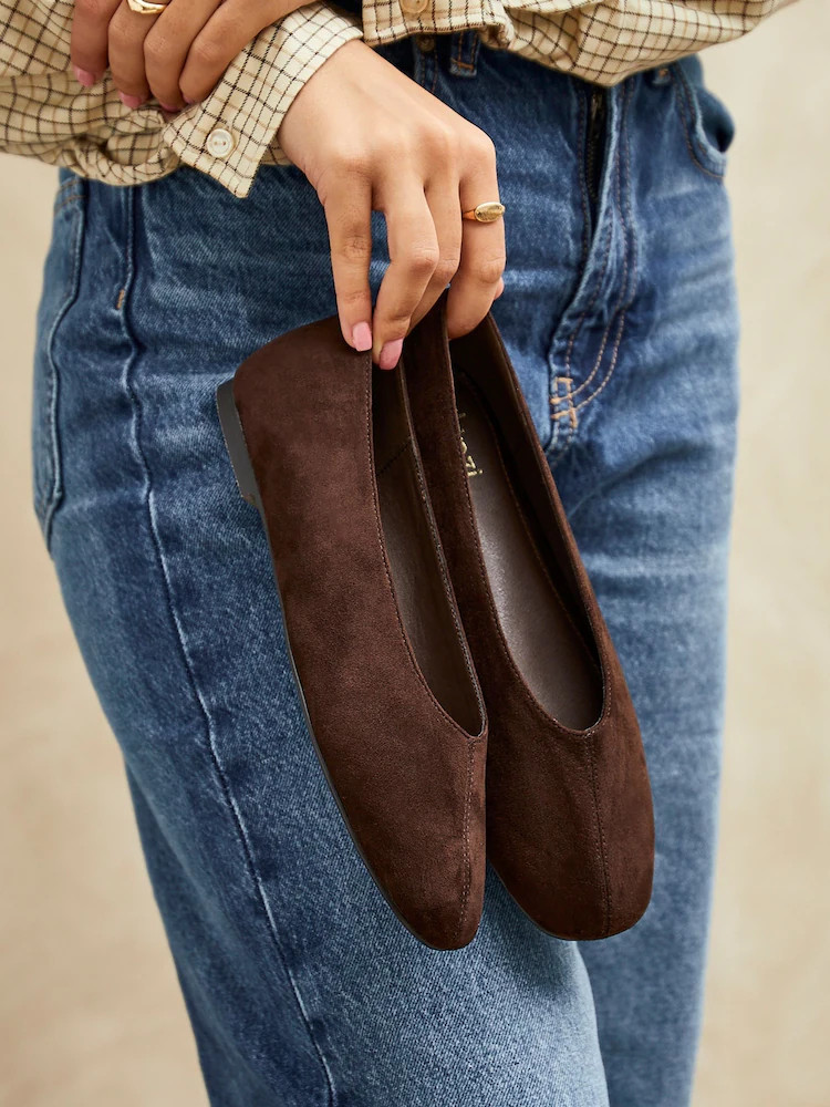 Linzi Brown Structure Square Toe Ballet Flats With Top Stitching | Next US