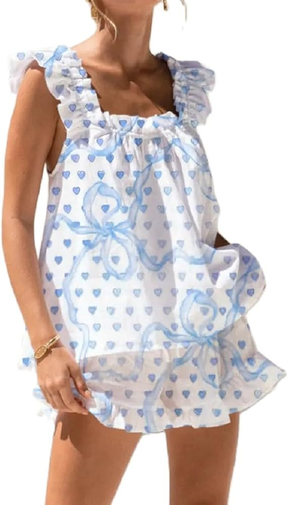 Women Cute Pajama Set Ruffle Babydoll Tank Top Bow Print Pj Set Floral Graphic 2 Piece Shorts Out... | Amazon (US)