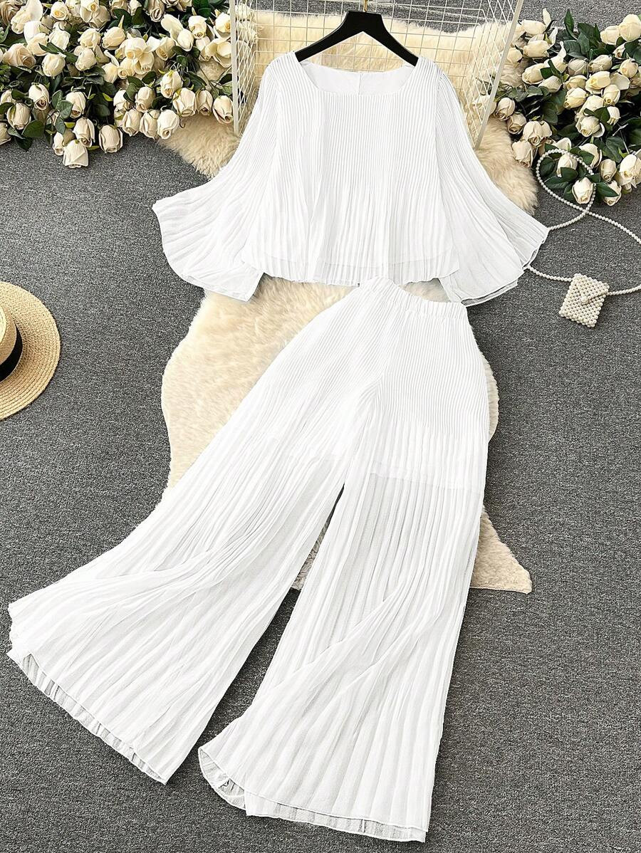 SHEIN Clasi 2pcs/Set Women Plus Size Solid Color Pleated Flare Sleeve Top & Wide Leg Pants Set | SHEIN