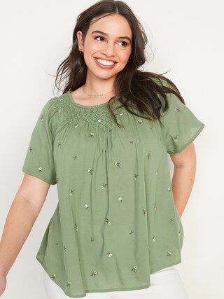 Flutter-Sleeve Smocked Embroidered Cutwork Swing Blouse for Women | Old Navy (US)