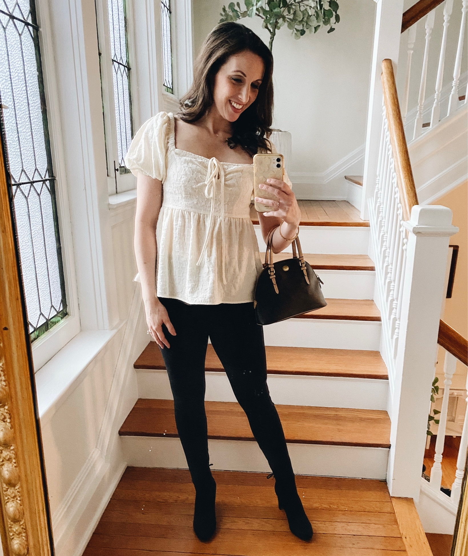 Spring fashion - square neck top - black leggings - date night outfit 
I have had these leggings for six years and they are still like new - durable and flattering! I wore them around Italy in 2017 - they are nice and thick and wear well. Also great price for the value. I highly recommend!

#LTKunder50 #LTKstyletip #LTKSeasonal