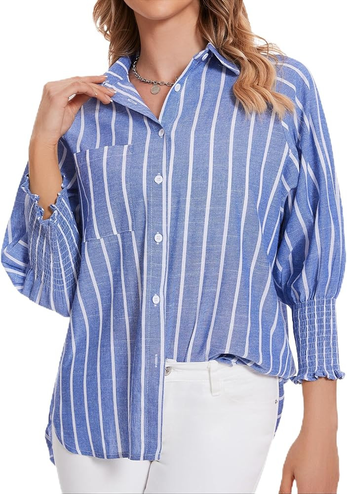 MFAVIP Women’s Button Down Shirt V Neck Women Striped Tops Casual Women Blouses Puff 3/4 Sleeve... | Amazon (US)