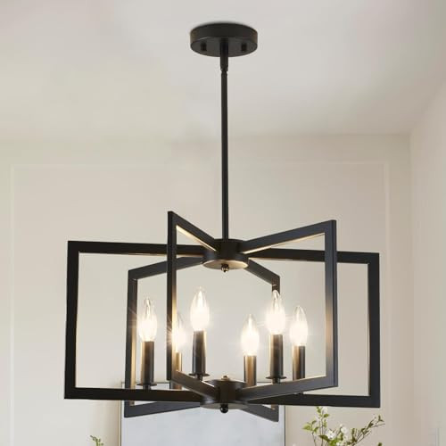MIAYBPH Black Chandelier, Dining Room Light Fixture Geometric Metal Modern Industrial Chandelier Lighting for Farmhouse Living Room Entryway Kitchen (E12 Bulbs Not Included, 6 Light) | Amazon (US)