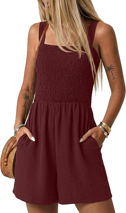 Womens Rompers for Summer Casual Smocked Jumpers Overalls Square Neck Jumpsuits with Pockets Beac... | Amazon (US)