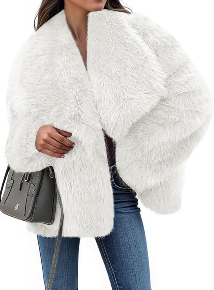 Tankaneo Womens Cropped Faux Fur Jackets Winter Long Sleeve Open Front Warm Shaggy Coats | Amazon (US)