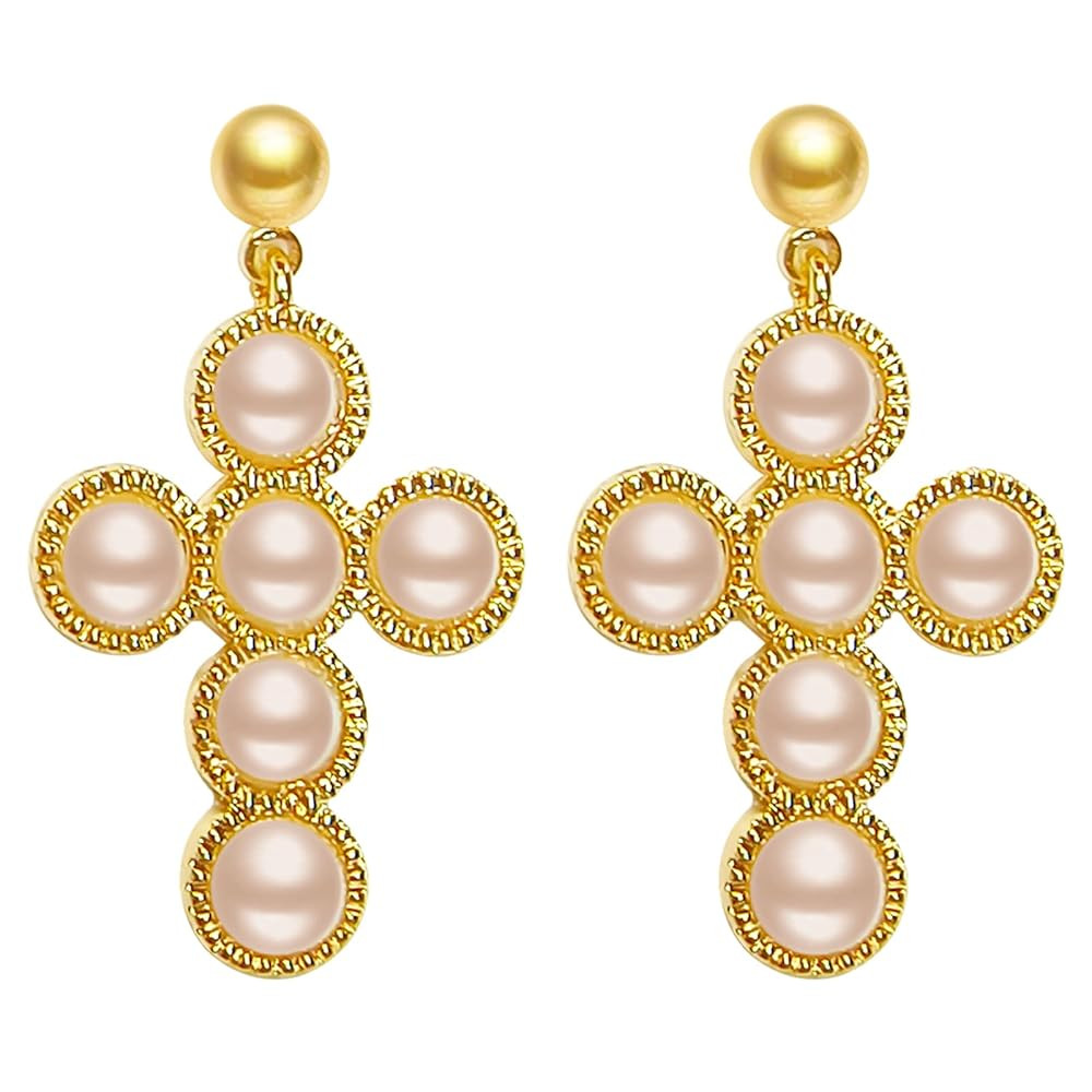 Cross Pearl Earrings - Lightweight Gold Plated Earrings with 6 Pearls - Religious Ornaments | Amazon (US)