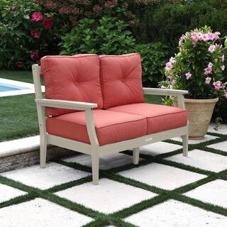 Lehigh Whitewash Recycled Plastic Outdoor Deep Seating Loveseat with Sunbrella Canvas Persimmon Cushions | The Home Depot