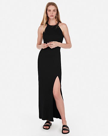 modern rib halter neck keyhole cut-out maxi dress | Express