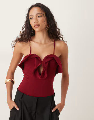 ASOS DESIGN frill detail plunge halterneck bodysuit in burgundy | ASOS | ASOS (Global)