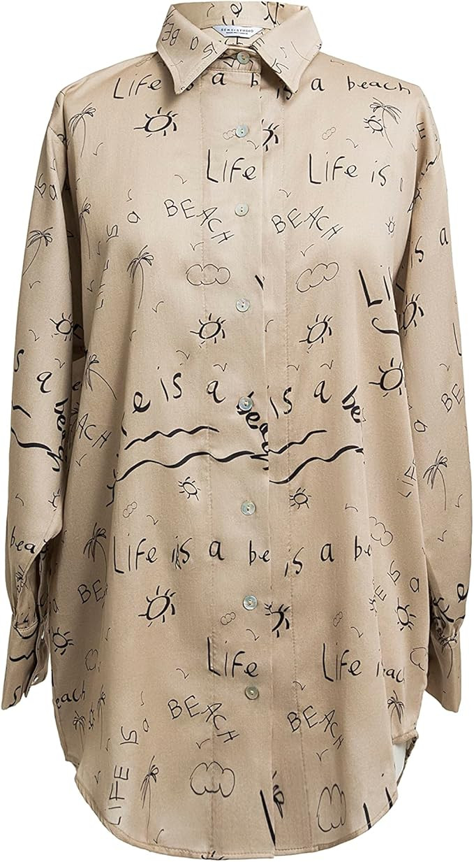Amazon.com: Sensi Studio, Oversized Boyfriend Shirt, Medium, Life is a Beach Terra Print : Luxury... | Amazon (US)
