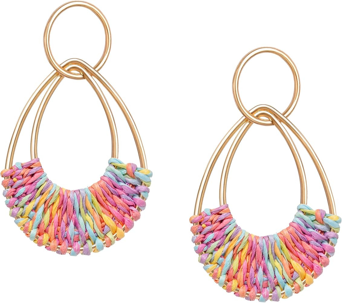 Raffia Hoop Earrings for Women Girls Fun Boho Summer Beach Earrings Lightweight Handmade Straw Wi... | Amazon (US)