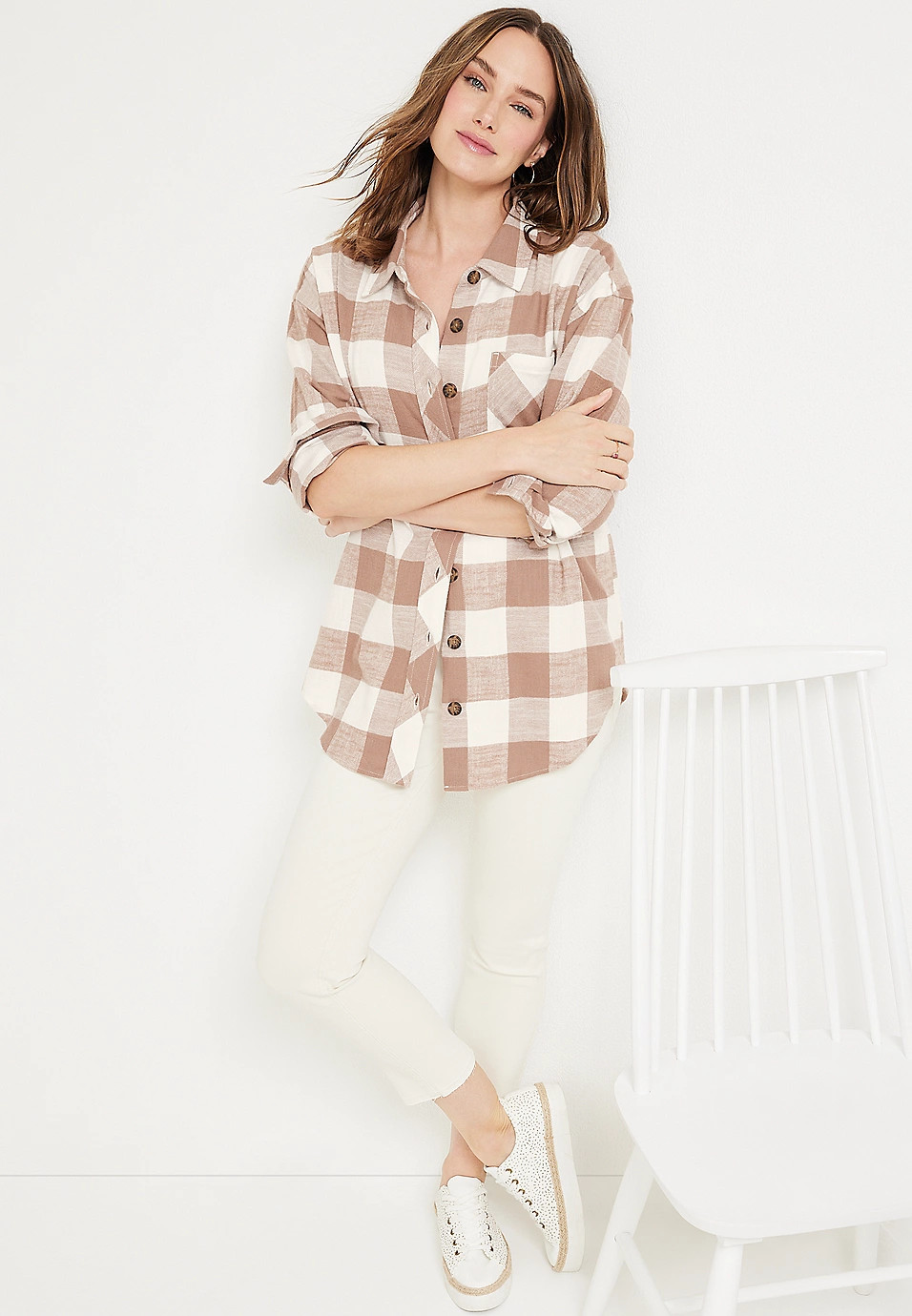 Cabin Plaid Button Up Boyfriend Tunic Shirt | Maurices