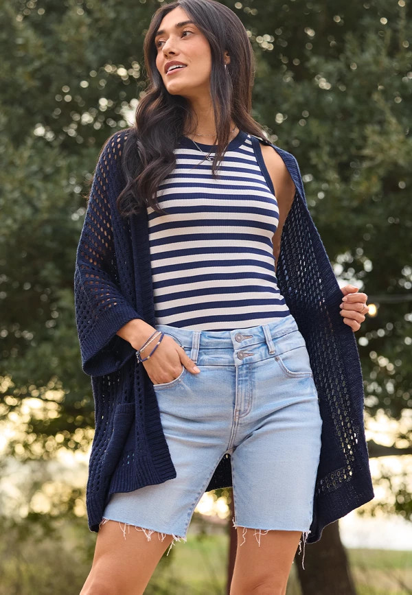 KanCan™ High Rise Stacked Waist Double Button 8in Bermuda Short | Maurices