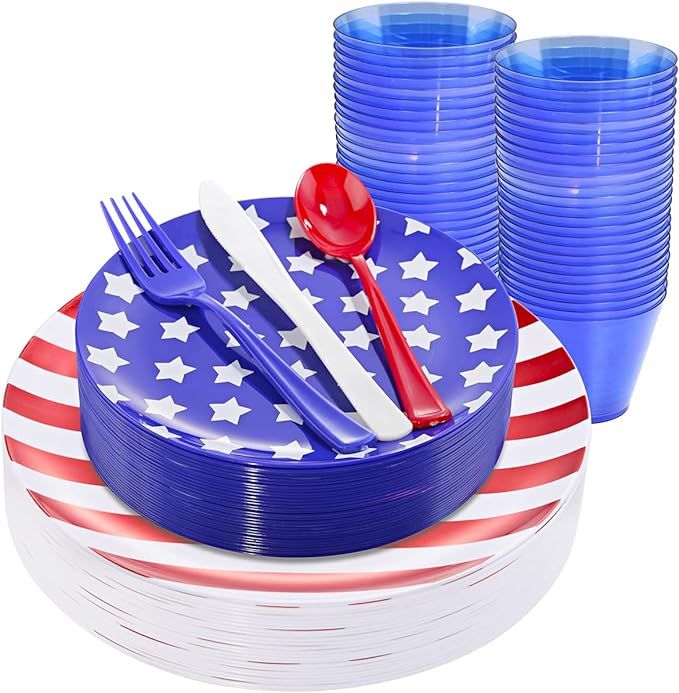 KIRE 25 Guests 4th of July Plastic Plates & Red White Blue Disposable Plastic Silverware &Clear B... | Amazon (US)