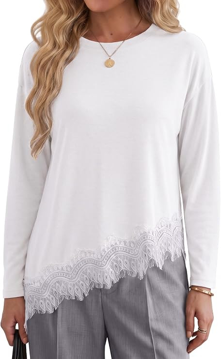 Lepunuo Women Long Sleeve Asymmetrical Lace Hem Trim Cotton Fall Shirts | Amazon (US)