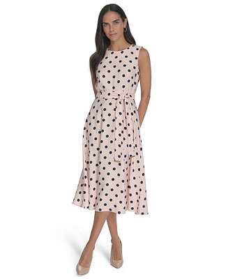 Women's Belted Dot Printed Midi Dress | Macy's