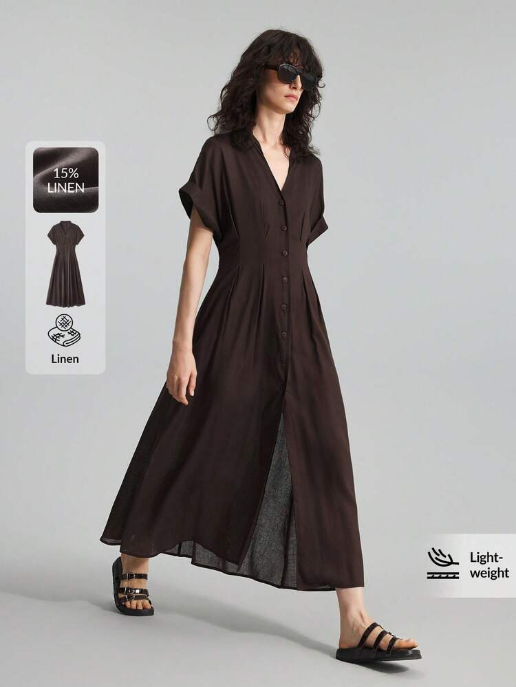 Ontre 2026SS New Summer Women's Solid Coffee V-Neck Bat Sleeve Pleated Single-Breasted Casual Long Dress, Spring/Summer Elegant Ladies Dress, Graduation Dress, Vacation Beach Music Festival Formal Dress | SHEIN