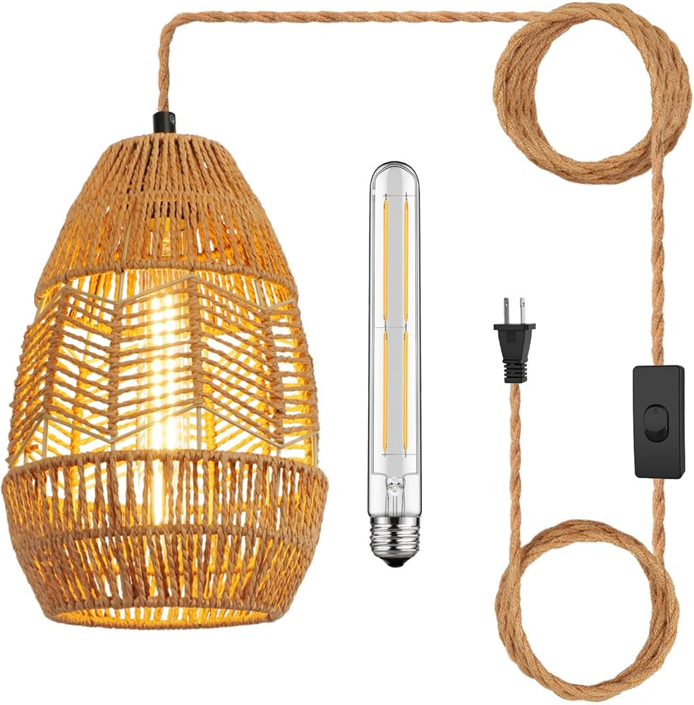 Plug in Pendant Light Rattan Hanging Lights with Plug in Cord 15FT Hemp Rope Cord, On/Off Switch ... | Amazon (US)