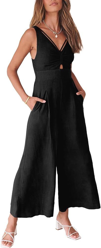 ANRABESS Women's Summer Wide Leg Linen Jumpsuits Dressy V Neck Sleeveless Casual Pants Rompers 20... | Amazon (US)