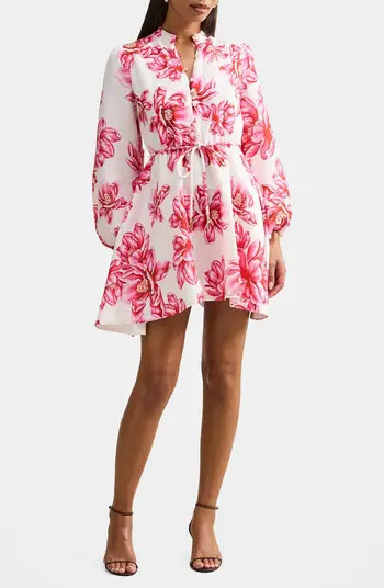 Annalise Tie Waist Long Sleeve Linen Blend Minidress | Nordstrom