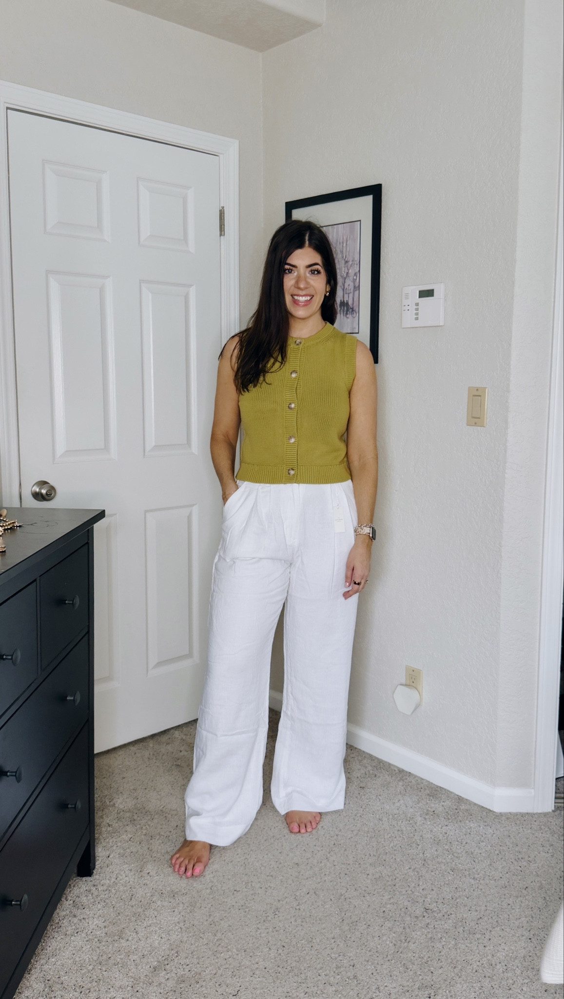 In a medium vest sweater and 29 tall curvy tall linen pants 

#LTKOver40 #LTKMidsize #LTKTall