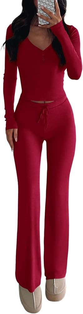 PPRETTYGARDEN Two Piece Sets For Women Long Sleeve V Neck Crop Tops Flare Pants Lounge Set Casual... | Amazon (US)