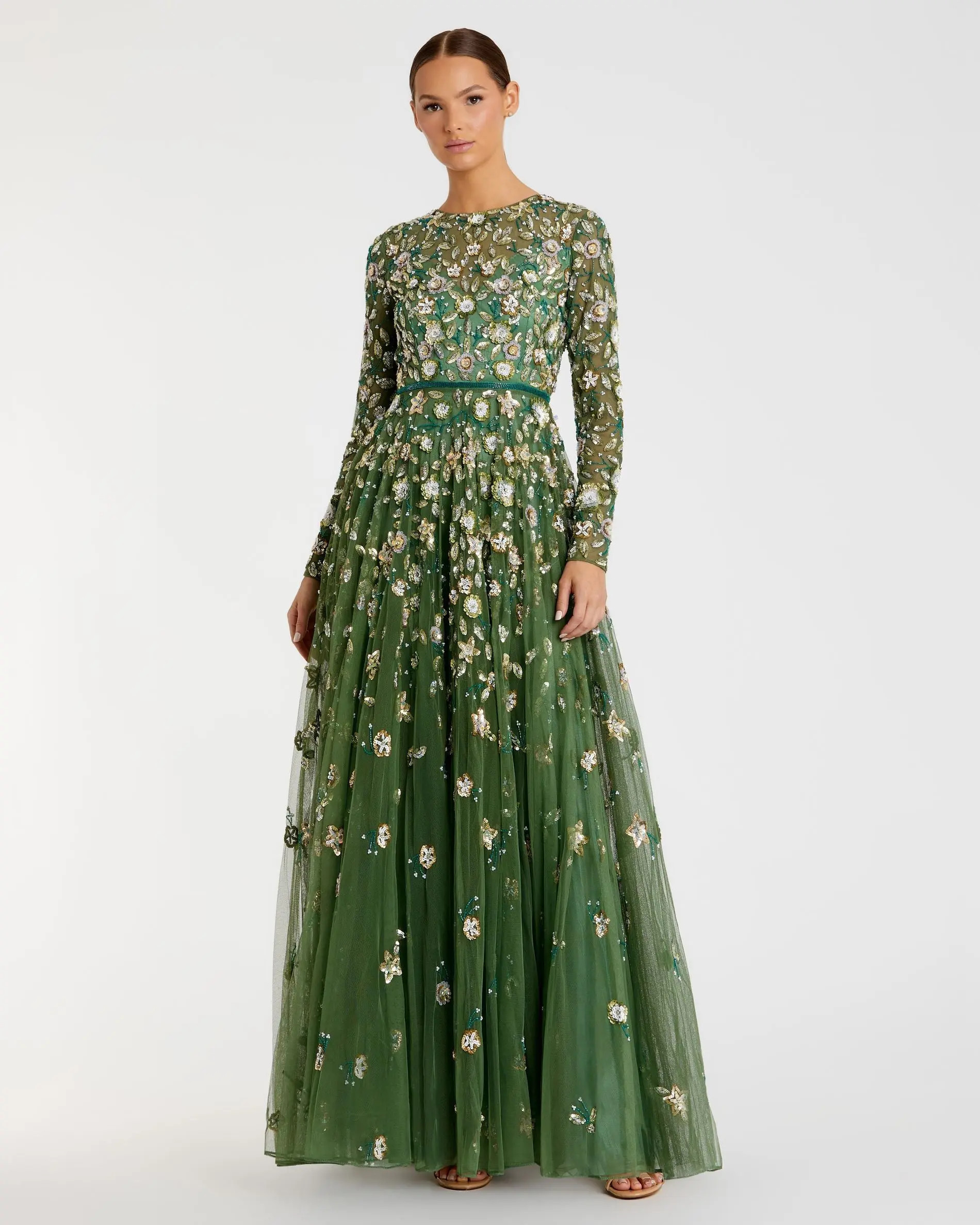 Green Embellished High Neck Long Sleeve A Line Gown - Mac Duggal | Mac Duggal