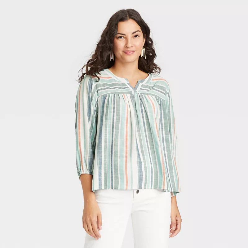 Women's Bishop Long Sleeve Embroidered Top - Knox Rose™ White Striped | Target