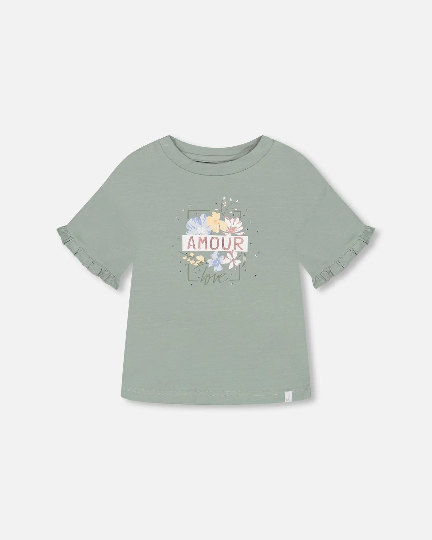 Organic Cotton Top With Print And Frills Olive Green - Deux par Deux | Deux par Deux Childrens Designer Clothing