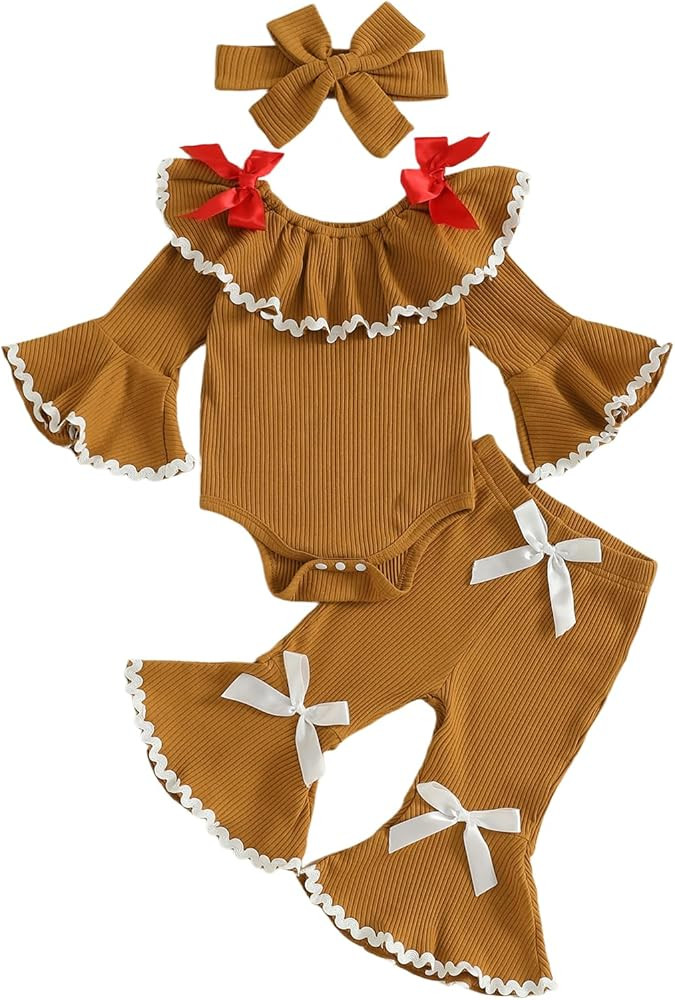 Baby Girl Christmas Outfit Gingerbread Man Doll Collar Long Sleeve Romper Bow Flare Pants Set Hea... | Amazon (US)