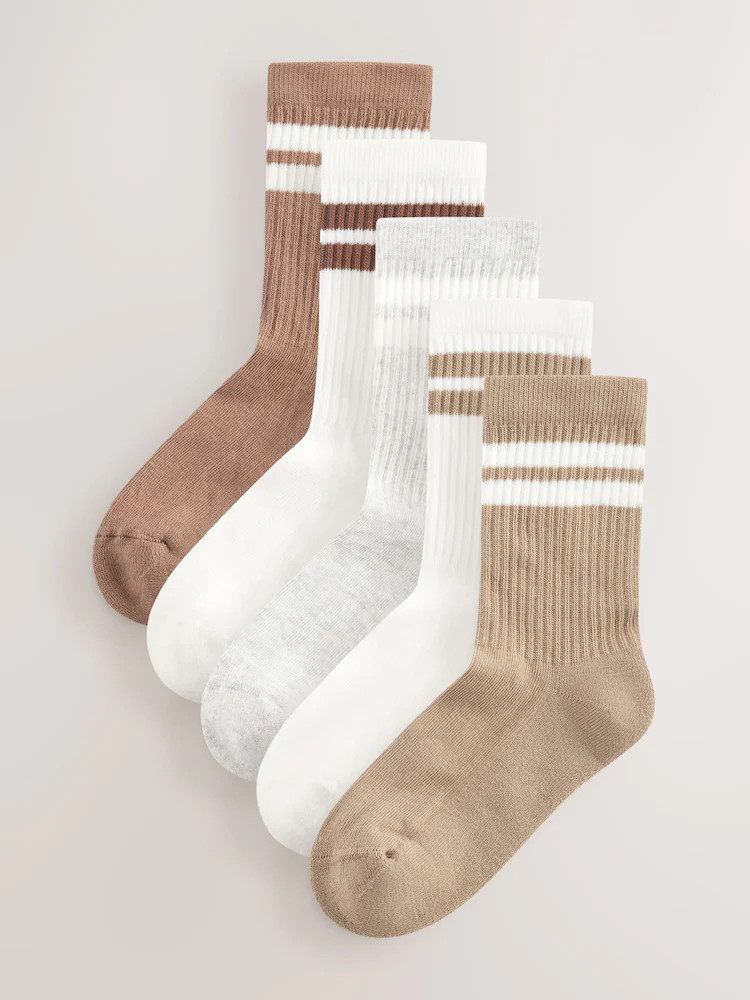 Neutral/Brown/White/Grey Cushioned Footbed Cotton Rich Ribbed Tipped Socks 5 Pack | Next US