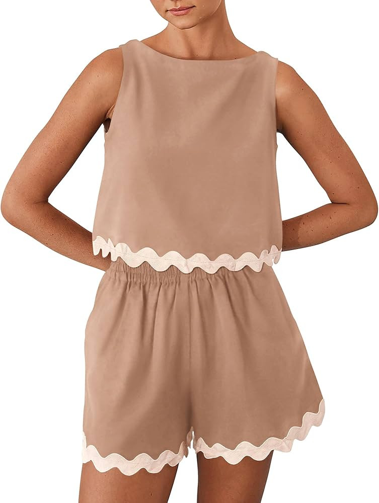 BTFBM Women Two Piece Beach Vacation Outfits Summer Casual 2 Piece Lounge Set Cropped Tank Top El... | Amazon (US)