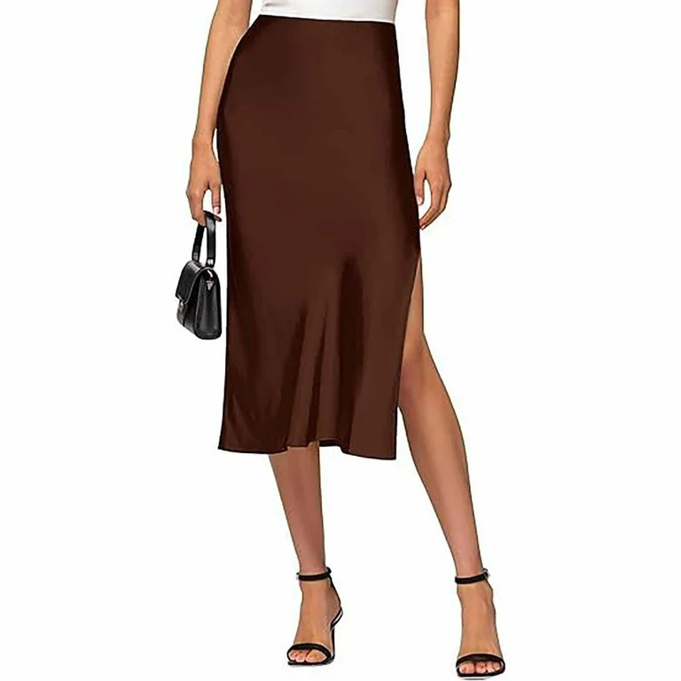 Brown Satin Coffee Coffee Full-Length Shrink-to-Fit Elastic Waist Skirt, Womens Satin Silk High W... | Walmart (US)