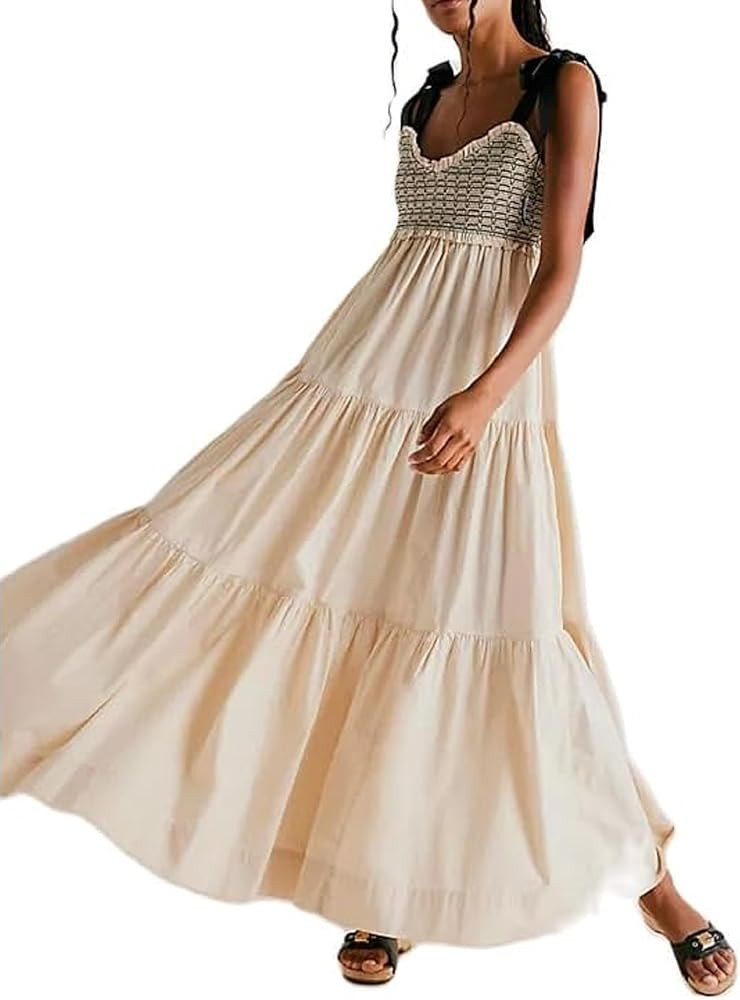 KMBANGI Women Boho Smocked Maxi Dress Tie Shoulder Y2k Floral Flowy Long Dress Swing Sleeveless S... | Amazon (US)