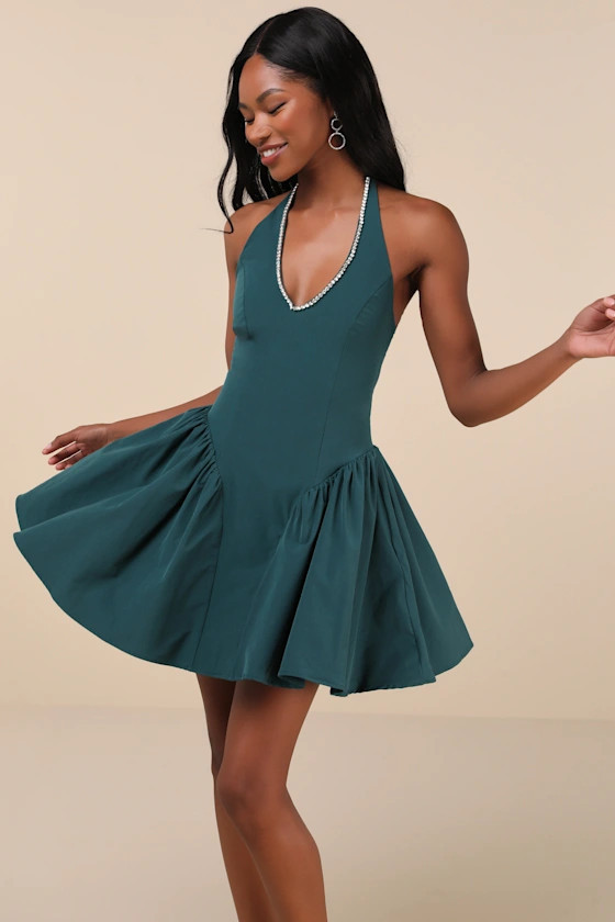 Cinzia Emerald Rhinestone Mini Dress | Lulus