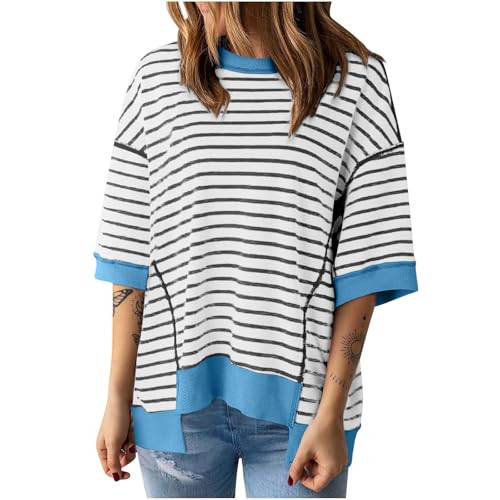 2024 prime of day deals Oversized Tshirts for Women Casual Half Sleeve Summer Tops Workout Striped Shirt Loose Fit Crewneck Sweatshirt Blue | Amazon (US)