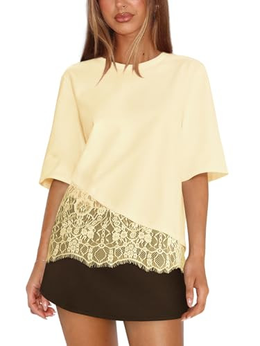 Womens Patchwork T Shirt with Lace Overlay Tops | Amazon (US)