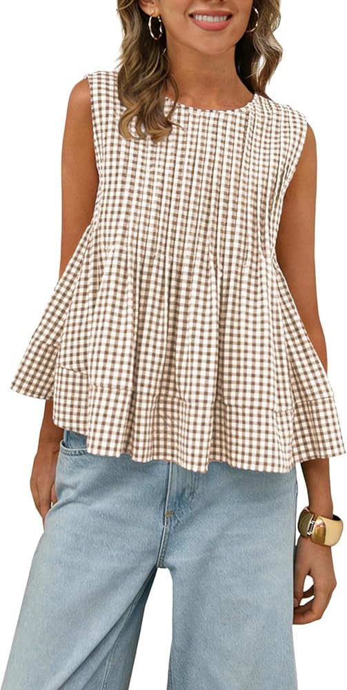 Women's Gingham Pleated Peplum Tank Tops Crew Neck Y2K Sleeveless Blouse Plaid Babydoll Tshirt | Amazon (US)