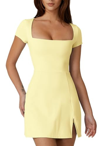 QINSEN Tennis Dress for Women Square Neck Short Sleeve Active Workout Dress Built in Shorts Light Yellow XL | Amazon (US)