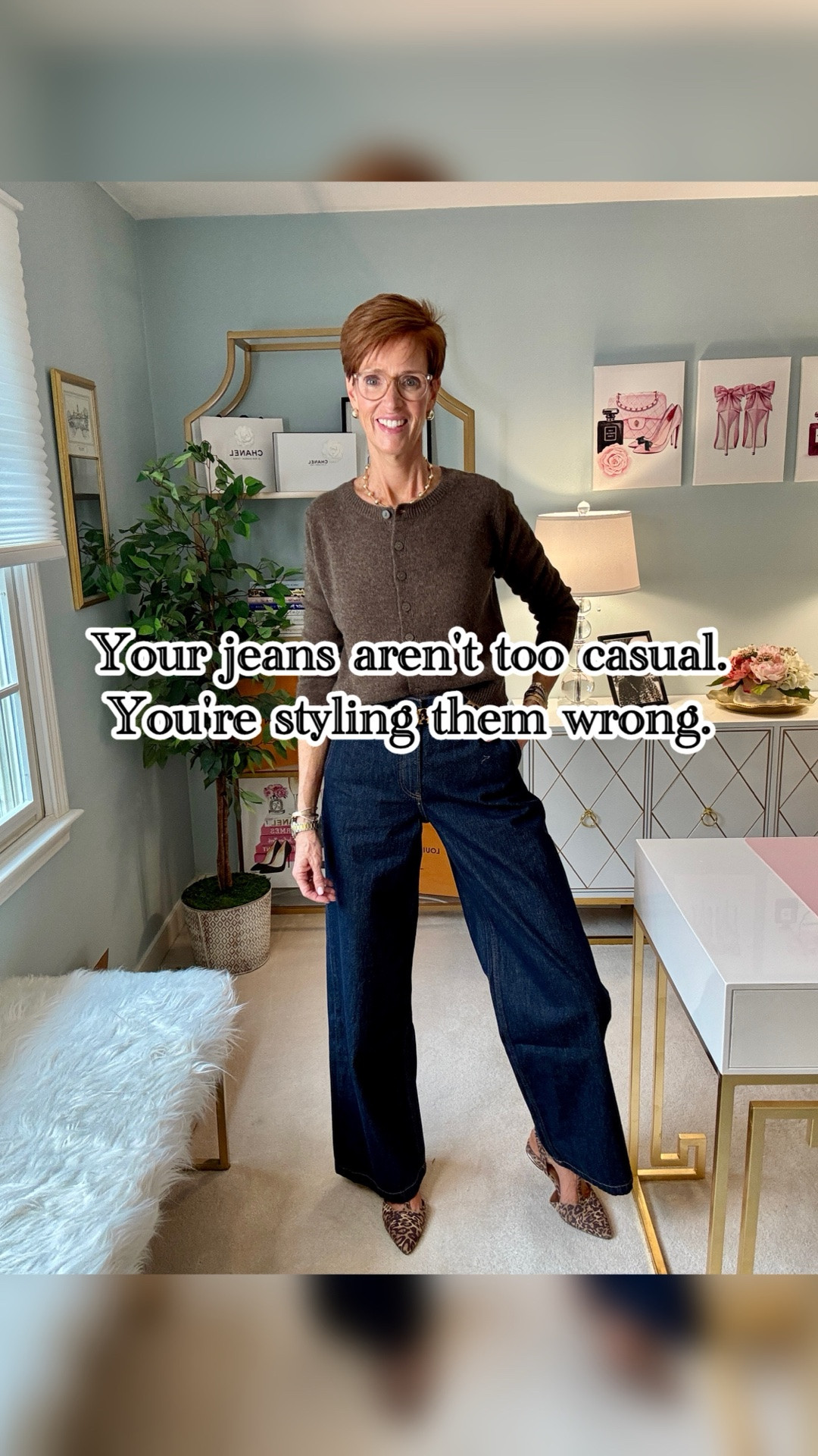 Your everyday jeans can look just as polished as your dress pants.
This is exactly the kind of timeless, classic everyday outfit I love wearing at 56.

Want the links? Like, Follow & Comment and I’ll send links right to your DM.

A brown cashmere cardigan paired with dark-wash trouser jeans creates an easy, sophisticated fall outfit. Add a leopard print belt and matching leopard flats, and suddenly a simple jeans outfit feels much more elevated.

At 6'1", I'm always looking for tall-friendly jeans and wardrobe staples that are comfortable, flattering, and versatile enough to wear on repeat.

And that's what I love about classic style for women over 40 and 50. You don't need an entirely new wardrobe to look put together. Sometimes it's just about how you style what you already own.

Are you a jeans-every-day woman like me, or do you prefer trousers? Tell me below!
Save this outfit for your next casual fall day, share it with a friend who loves classic fashion, and follow @atalldrinkofstyle for more timeless outfit inspiration, tall-friendly fashion, and everyday style for women over 40.

#StyleOver50 #ClassicFallStyle #TallWomenFashion