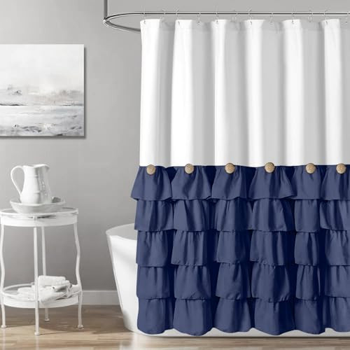 Seasonwood Navy Blue and White Shower Curtain 72 x 72 with Nature Buttons Farmhouse Shower Curtain for Bathroom French Country Style,White and Navy Blue | Amazon (US)
