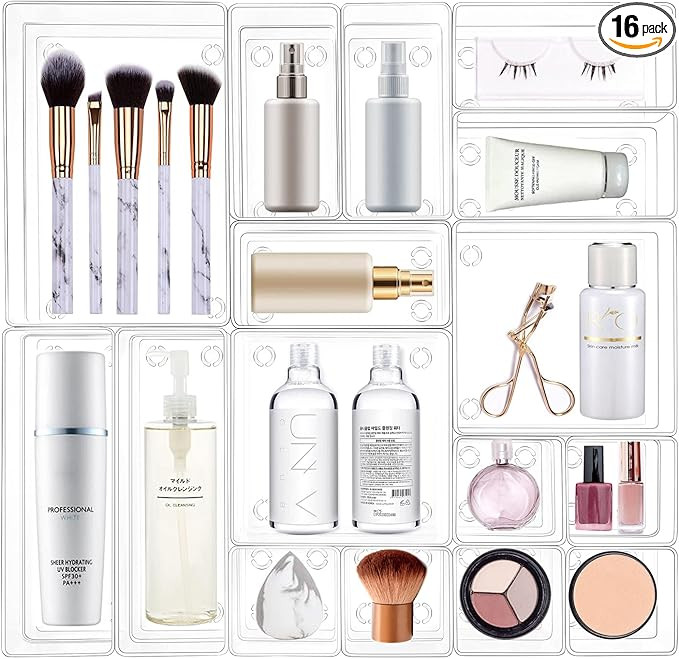 16 Desk Drawer Organizer Set Clear, Makeup Drawer Organizer and Storage with 5 Sizes Bathroom Org... | Amazon (US)