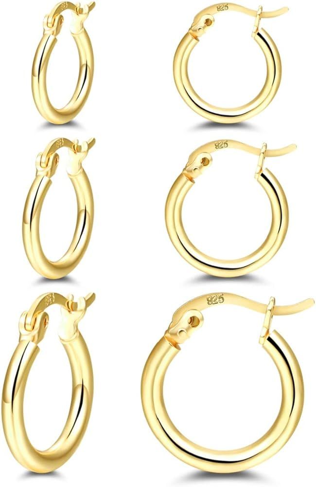 14K Gold Plated Hoop Earrings - 4 Pairs Sterling Silver Post Small Hoops| Gold Hoop Earrings Sets fo | Amazon (US)