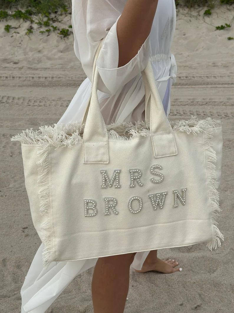 Bridesmaid Tote, Tote for Bride, Gift for Bride, Fringe Bag With Pearls, Honeymoon Bag, Honeymoon... | Etsy (US)