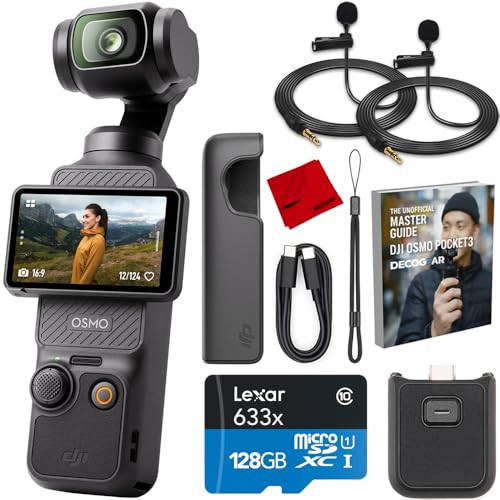 DJI CP.OS.00000301.01 Osmo Pocket 3 4K 120fps Handheld 3-Axis Gimbal Stabilizer Bundle with 128GB microSDHC Card, 2X Clip-On Mini Lapel Mic, Cleaning Cloth & Deco Gear Unofficial Master Guide | Amazon (US)