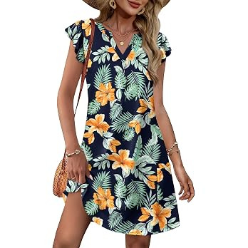 OFEEFAN Spring Summer Dresses for Women 2026 Casual Ruffle Sleeve V Neck Loose Swing Sundresses w... | Amazon (US)